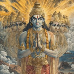 Canvas Print - Hindu deity with multiple heads and arms, with golden halo, in a prayer pose.