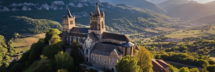 Scenic Aerial View of Saint Antoine l'Abbaye in Isere, France - Aerial Landscape of Medieval Monastery and Rural Village in Vercors