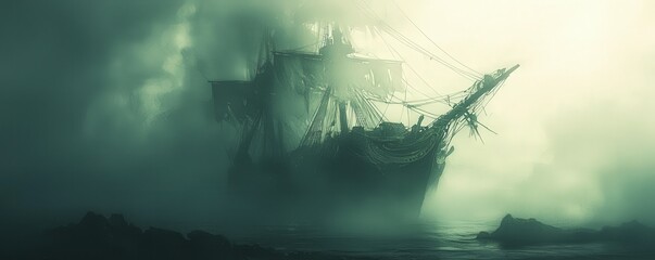 Abandoned pirate ship, haunted by spirits, eerie fog, Watercolor style