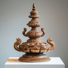 Intricately carved wooden sculpture with multiple tiers and decorative elements.