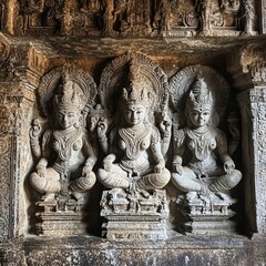 Wall Mural - Intricate stone carvings of three female deities in a temple, showcasing ancient Indian craftsmanship.