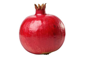 Whole pomegranate with a deep red, textured skin resting on a white surface isolated on white background