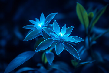 Wall Mural - A close-up of glowing blue flowers against a dark background, showcasing their beauty.