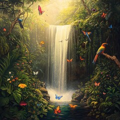 Wall Mural - Lush rainforest with cascading waterfall, colorful butterflies, and birds.