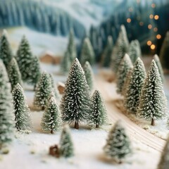 Canvas Print - Miniature Christmas forest with snow covered trees.