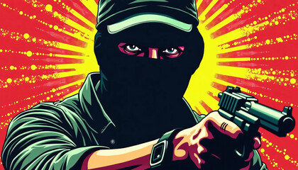 Masked figure with gun in bold comic style
