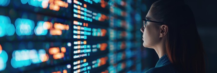 Side view of a woman wearing glasses, focused on analyzing complex data on a large digital screen in a dark room, representing technology and cybersecurity.