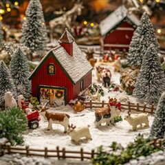 Wall Mural - Miniature Christmas village with a red barn, snow-covered trees, and farm animals.