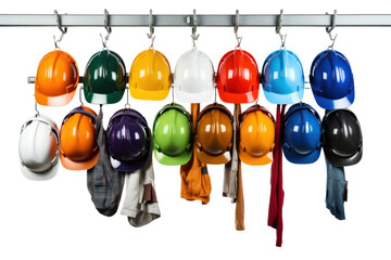 Multiple safety helmets in different colors hanging on a rack at a busy construction site, isolated on white background