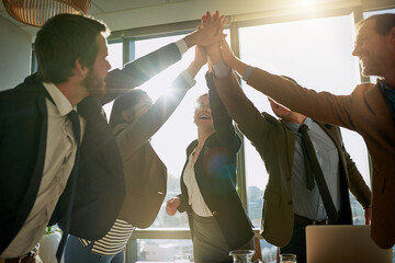 Aufkleber - Happy, business people and hands together with team for collaboration, motivation or success at office. Group, employees and high five with unity for solidarity, community or mission at workplace