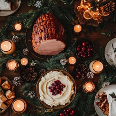 Sticker - Overhead view of a Christmas dinner table with ham, mashed potatoes, cranberries, and candles.