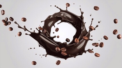 Wall Mural - circular coffee beans and black coffee splash swirl, coffee beans floating isolated white background