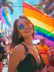 Wall Mural - A woman wearing sunglasses and a black tank top stands in front of a rainbow flag. She is smiling and she is enjoying the event