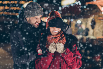 Poster - Marry me. Portrait of his he her she nice attractive charming lovely cheerful cheery couple wearing warm outfit guy making proposal giving engagement ring 14 February honeymoon outdoors