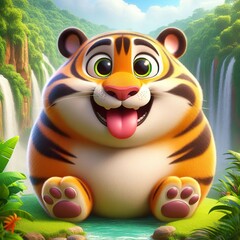 Wall Mural - A 3D cute, chubby tiger, smiling with its tongue out, set against a background of a green jungle and a waterfall. The character has a large, round body shape, with big eyes