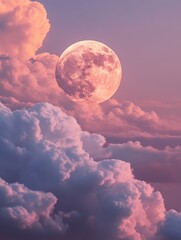 Wall Mural - A large, pink moon is shining through a cloudy sky. The sky is filled with fluffy white clouds, creating a dreamy and serene atmosphere