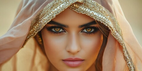 Wall Mural - A woman with brown eyes and a gold scarf draped over her head. The scarf is gold and has a lot of beads on it