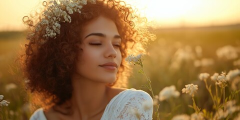 Wall Mural - A woman with curly hair is sitting in a field of flowers. She is smiling and looking at the camera