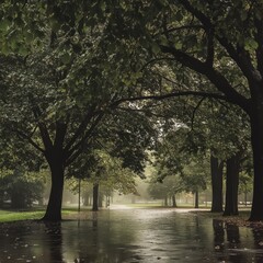 Wall Mural - Rainy day in a park with trees lining a pathway and puddles reflecting the sky.