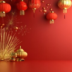 Wall Mural - Red and gold Chinese New Year decorations with fireworks, lanterns, and a golden pot on a red background.