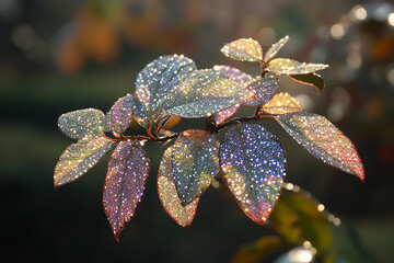 Wall Mural - Dew-covered leaves glistening in sunlight, showcasing nature's beauty.