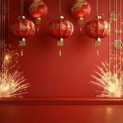 Red background with five hanging red Chinese lanterns and golden fireworks.