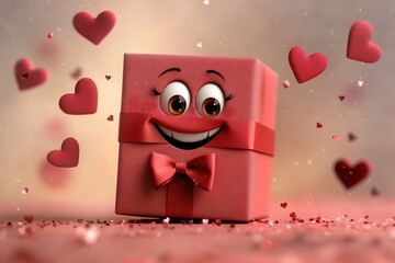 Smiling gift box with hearts, celebrating Valentine's Day or love