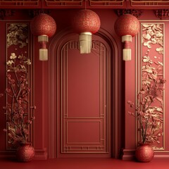 Sticker - Red Chinese-style door with hanging lanterns and gold trim.