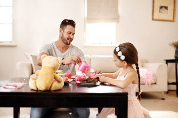 Canvas Print - Family, happy or tea party with father and daughter in living room of home together for bonding. Development, fantasy or love single parent man and girl child in apartment for playing or relationship