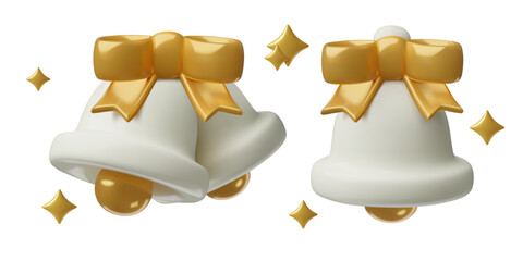White bells with a gold bows and sparkles 3d realistic vector Christmas elements set. Cute festive jingle bells three dimensional icons.