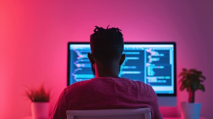 Back view of a software developer focused on multiple computer screens displaying code and data, representing programming, technology, and IT work.