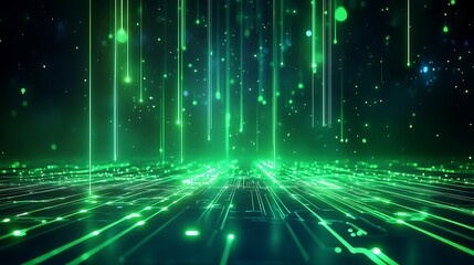 Wall Mural - A vibrant green digital landscape with glowing lines and particles, creating a futuristic and immersive environment. Stage for product presentation.