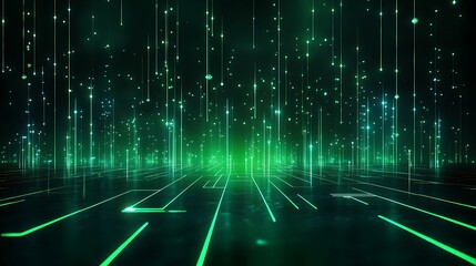 Wall Mural - A vibrant green digital landscape with glowing lines and particles, creating a futuristic and immersive atmosphere. Stage for product presentation.