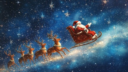 Wall Mural - Santa Claus in a red sleigh drawn by reindeer flying through a starry night sky, delivering presents.