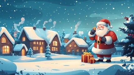 Wall Mural - Santa Claus stands in a snowy village with a gift in his hand, surrounded by houses and a Christmas tree.