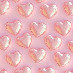 Wall Mural - Seamless pattern of pink glossy hearts on a pink background.