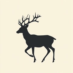 Canvas Print - Silhouette of a deer with large antlers, walking to the right, against a light beige background.