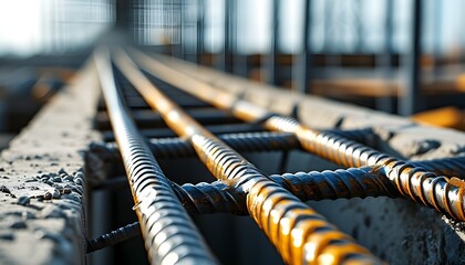 Wall Mural - Intricate close-up of rusty steel rebar embedded in concrete showcasing details at a construction site