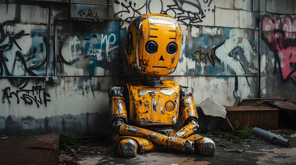 a graffiti of a robotic figure with a yellow-colored faceplate