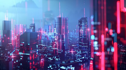 Wall Mural - Futuristic city skyline illuminated by vibrant neon lights, showcasing advanced technology and urban innovation in a digital world.