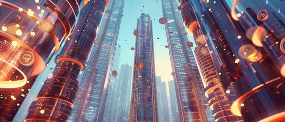 Wall Mural - Futuristic cityscape featuring towering skyscrapers, vibrant lights, and a captivating atmosphere, showcasing advanced architecture.