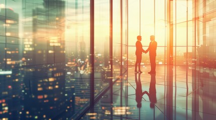 Silhouettes of two business professionals shaking hands against a backdrop of a city skyline at sunset.