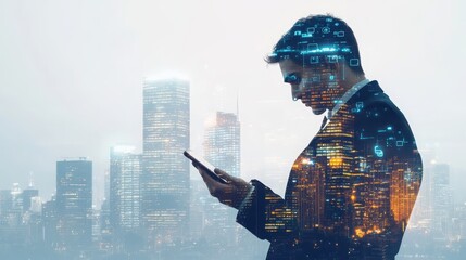 Businessman engaging with smartphone amidst a dynamic urban backdrop, digital icons symbolize connectivity and innovation, illustrating the fusion of technology and modern enterprise.