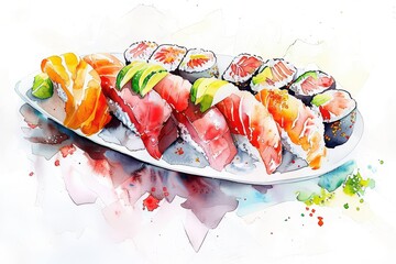 Vibrant watercolor illustration of assorted sushi on a plate with fresh fish and colorful toppings, ideal for food enthusiasts.