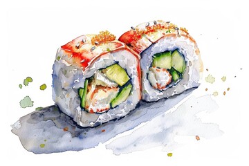 Vibrant watercolor illustration of sushi rolls featuring fresh ingredients and artistic detailing, perfect for culinary themes.