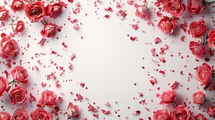 Poster - Pink Roses and Petals Frame a White Background.