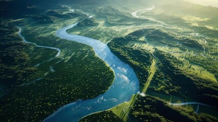 Wall Mural - aerial view of a wide river winding through green hills on a sunny morning. the sun is rising in the