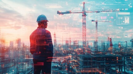 Engineer at construction site with cranes, digital engineering data overlay, showcasing the fusion of technology and infrastructure development in modern construction environments.