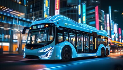 Futuristic electric bus with glowing blue neon lights zooming through a vibrant, modern cityscape under the night sky