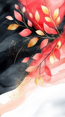 Canvas Print - Abstract Watercolor Background with Golden Leaves and Pink and Black Paint.